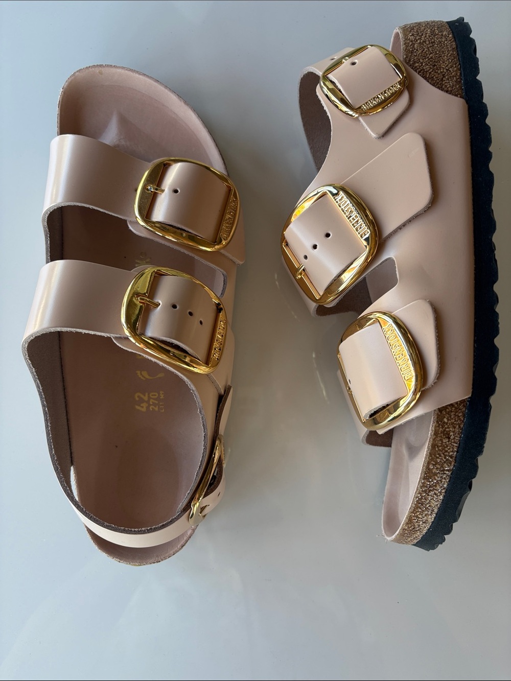 Birkenstock Milano Cream Patent Sandals with Gold Buckles